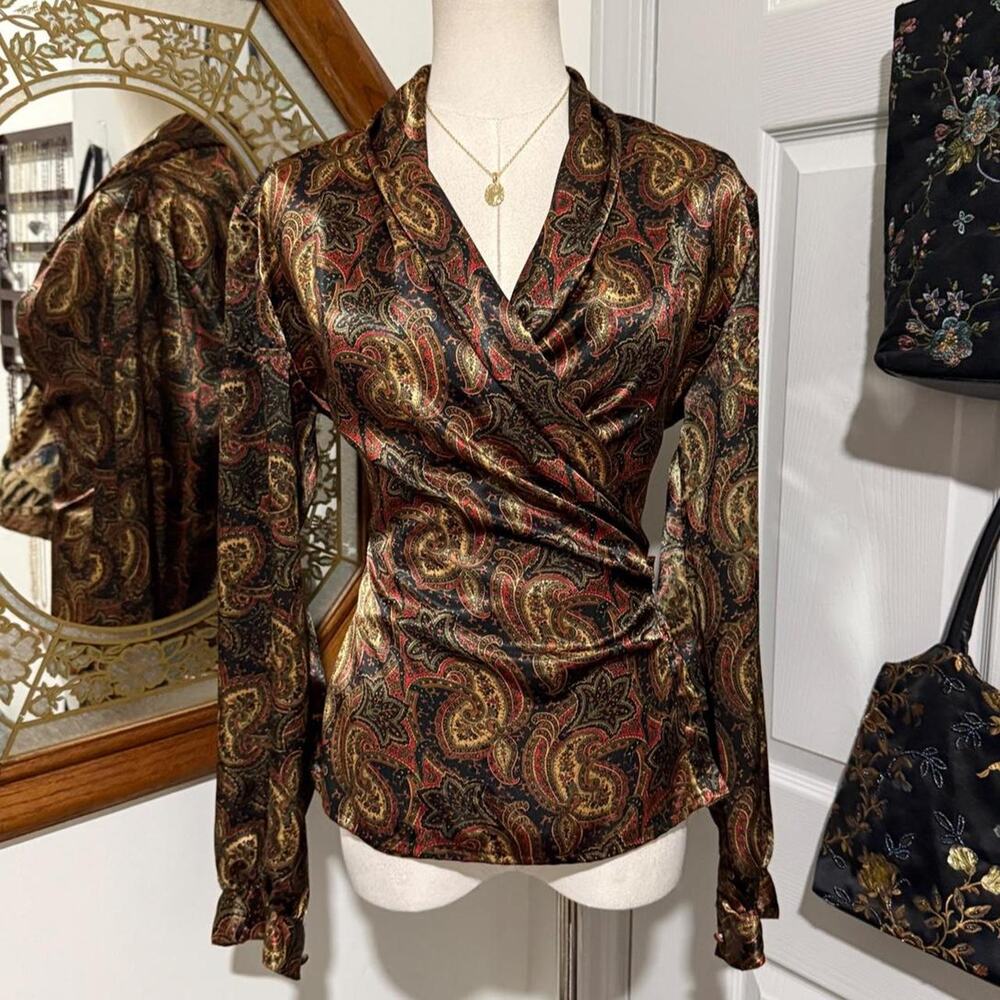 VTG Y2K Nicola Black, Gold, Multicolor Paisley Silky Satin Long Sleeve Wrap Top